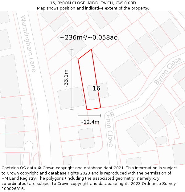 16, BYRON CLOSE, MIDDLEWICH, CW10 0RD: Plot and title map