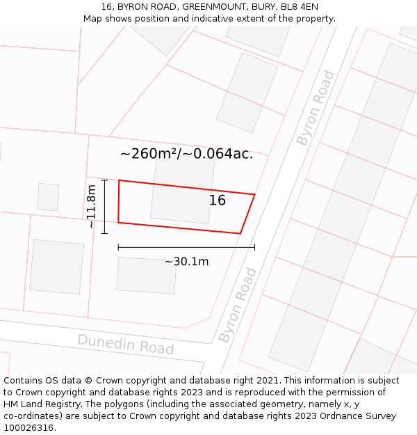 16, BYRON ROAD, GREENMOUNT, BURY, BL8 4EN: Plot and title map