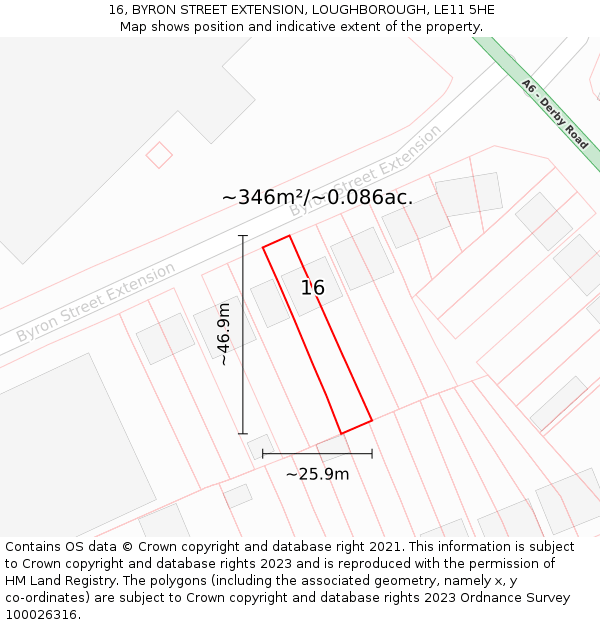 16, BYRON STREET EXTENSION, LOUGHBOROUGH, LE11 5HE: Plot and title map