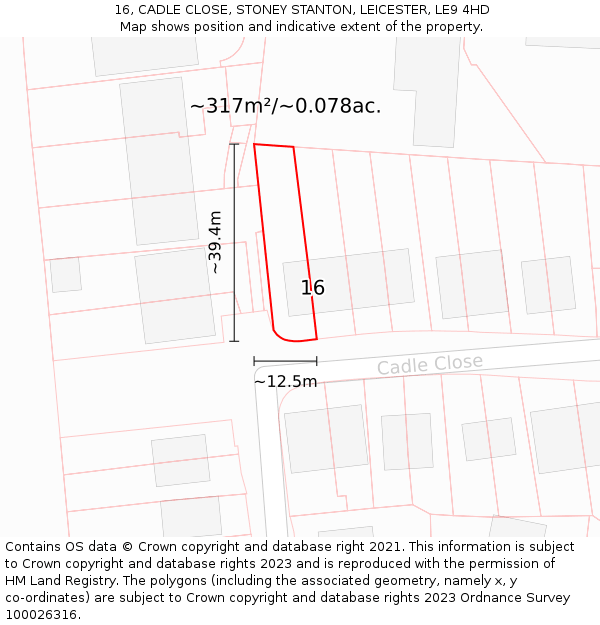 16, CADLE CLOSE, STONEY STANTON, LEICESTER, LE9 4HD: Plot and title map