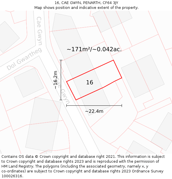 16, CAE GWYN, PENARTH, CF64 3JY: Plot and title map