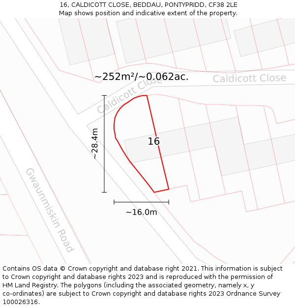 16, CALDICOTT CLOSE, BEDDAU, PONTYPRIDD, CF38 2LE: Plot and title map