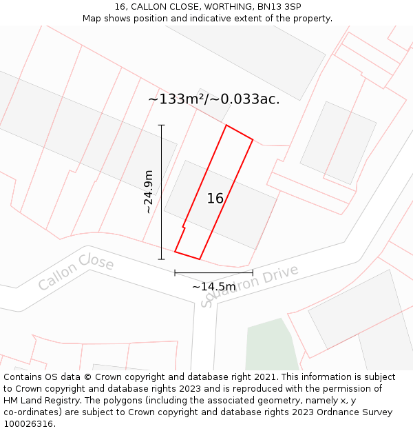 16, CALLON CLOSE, WORTHING, BN13 3SP: Plot and title map