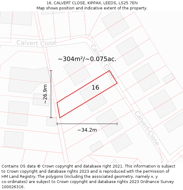 16, CALVERT CLOSE, KIPPAX, LEEDS, LS25 7EN: Plot and title map