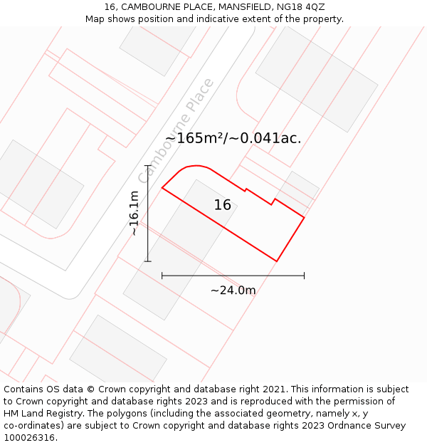 16, CAMBOURNE PLACE, MANSFIELD, NG18 4QZ: Plot and title map