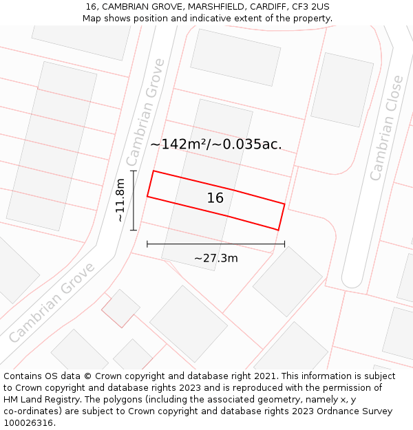 16, CAMBRIAN GROVE, MARSHFIELD, CARDIFF, CF3 2US: Plot and title map