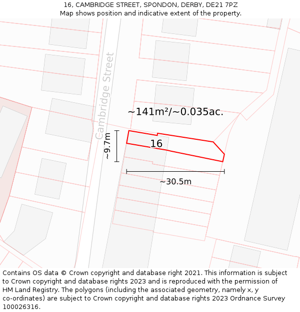 16, CAMBRIDGE STREET, SPONDON, DERBY, DE21 7PZ: Plot and title map