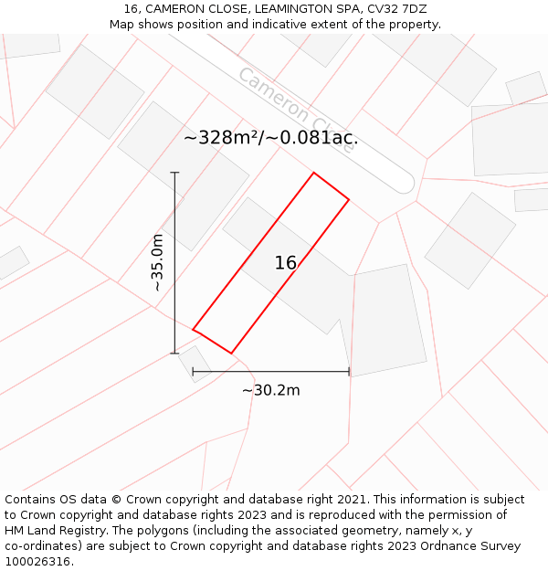 16, CAMERON CLOSE, LEAMINGTON SPA, CV32 7DZ: Plot and title map