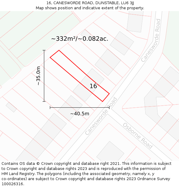 16, CANESWORDE ROAD, DUNSTABLE, LU6 3JJ: Plot and title map