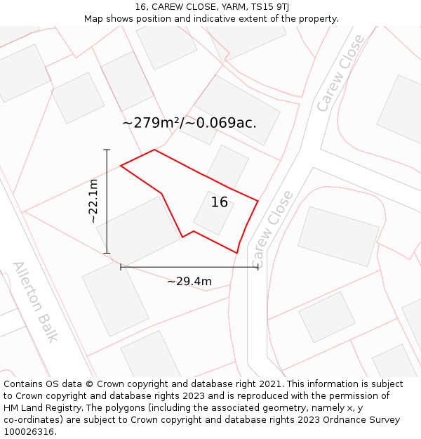 16, CAREW CLOSE, YARM, TS15 9TJ: Plot and title map