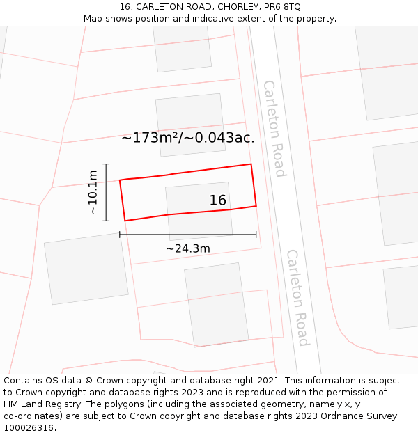 16, CARLETON ROAD, CHORLEY, PR6 8TQ: Plot and title map