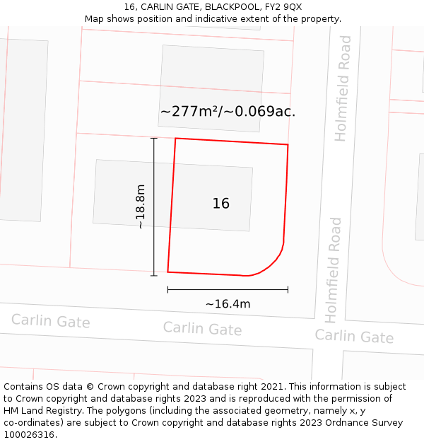 16, CARLIN GATE, BLACKPOOL, FY2 9QX: Plot and title map