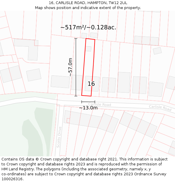 16, CARLISLE ROAD, HAMPTON, TW12 2UL: Plot and title map
