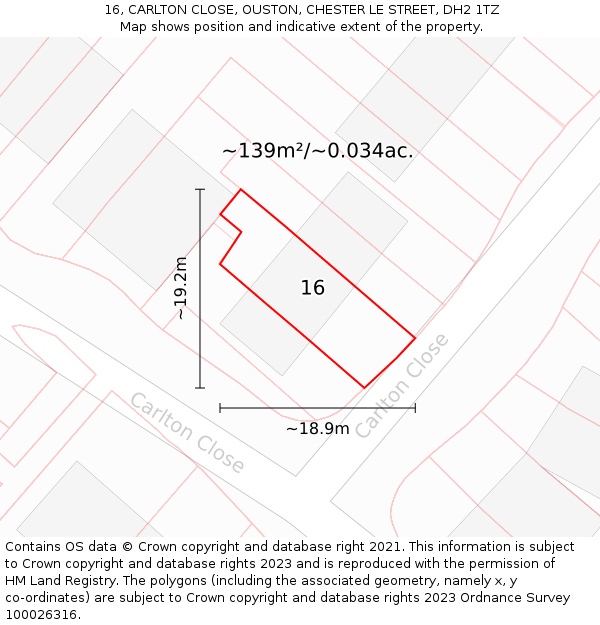 16, CARLTON CLOSE, OUSTON, CHESTER LE STREET, DH2 1TZ: Plot and title map