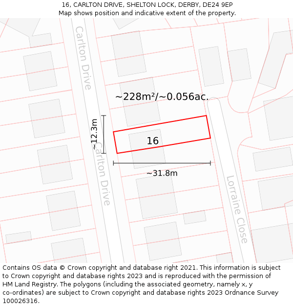16, CARLTON DRIVE, SHELTON LOCK, DERBY, DE24 9EP: Plot and title map