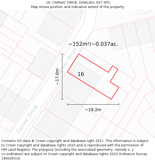 16, CARNAC DRIVE, DAWLISH, EX7 0FD: Plot and title map