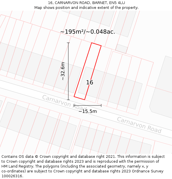 16, CARNARVON ROAD, BARNET, EN5 4LU: Plot and title map