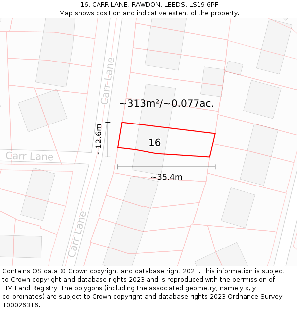 16, CARR LANE, RAWDON, LEEDS, LS19 6PF: Plot and title map