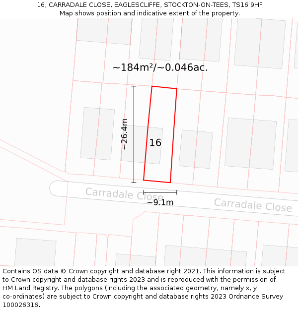 16, CARRADALE CLOSE, EAGLESCLIFFE, STOCKTON-ON-TEES, TS16 9HF: Plot and title map