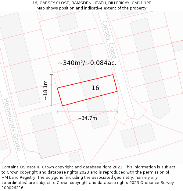16, CARSEY CLOSE, RAMSDEN HEATH, BILLERICAY, CM11 1PB: Plot and title map