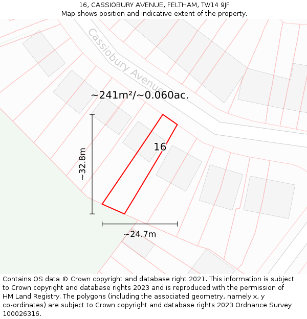 16, CASSIOBURY AVENUE, FELTHAM, TW14 9JF: Plot and title map