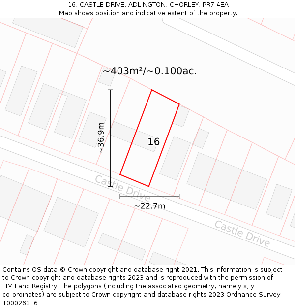 16, CASTLE DRIVE, ADLINGTON, CHORLEY, PR7 4EA: Plot and title map
