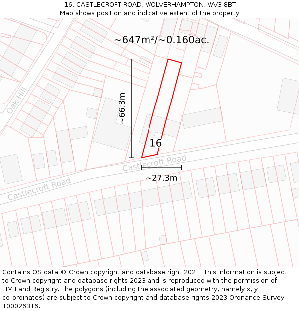 16, CASTLECROFT ROAD, WOLVERHAMPTON, WV3 8BT: Plot and title map