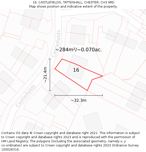 16, CASTLEFIELDS, TATTENHALL, CHESTER, CH3 9RD: Plot and title map