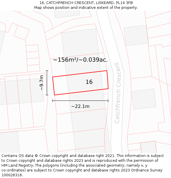 16, CATCHFRENCH CRESCENT, LISKEARD, PL14 3FB: Plot and title map