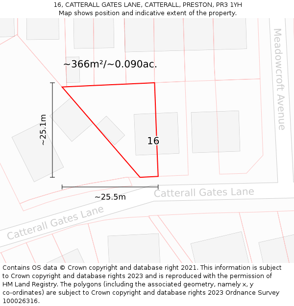 16, CATTERALL GATES LANE, CATTERALL, PRESTON, PR3 1YH: Plot and title map
