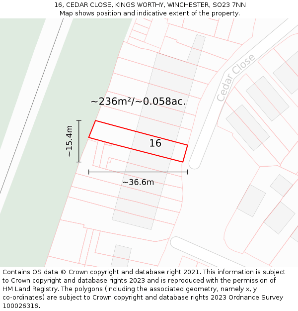 16, CEDAR CLOSE, KINGS WORTHY, WINCHESTER, SO23 7NN: Plot and title map