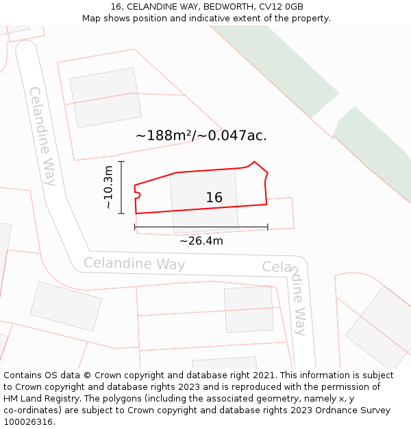 16, CELANDINE WAY, BEDWORTH, CV12 0GB: Plot and title map