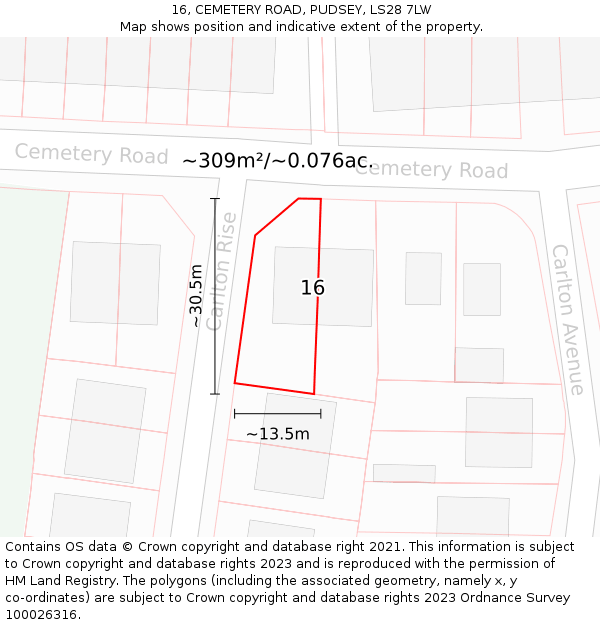 16, CEMETERY ROAD, PUDSEY, LS28 7LW: Plot and title map