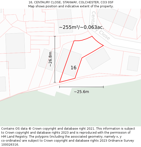 16, CENTAURY CLOSE, STANWAY, COLCHESTER, CO3 0SF: Plot and title map
