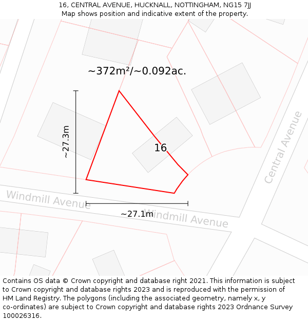 16, CENTRAL AVENUE, HUCKNALL, NOTTINGHAM, NG15 7JJ: Plot and title map