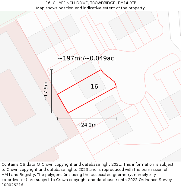 16, CHAFFINCH DRIVE, TROWBRIDGE, BA14 9TR: Plot and title map