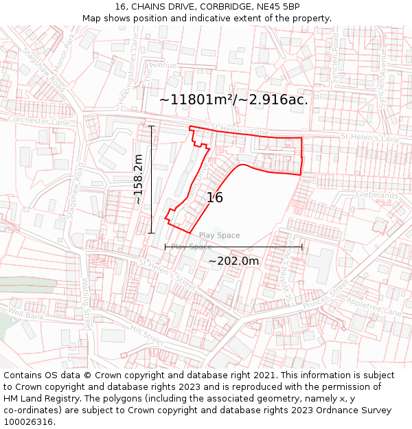 16, CHAINS DRIVE, CORBRIDGE, NE45 5BP: Plot and title map