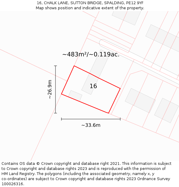 16, CHALK LANE, SUTTON BRIDGE, SPALDING, PE12 9YF: Plot and title map