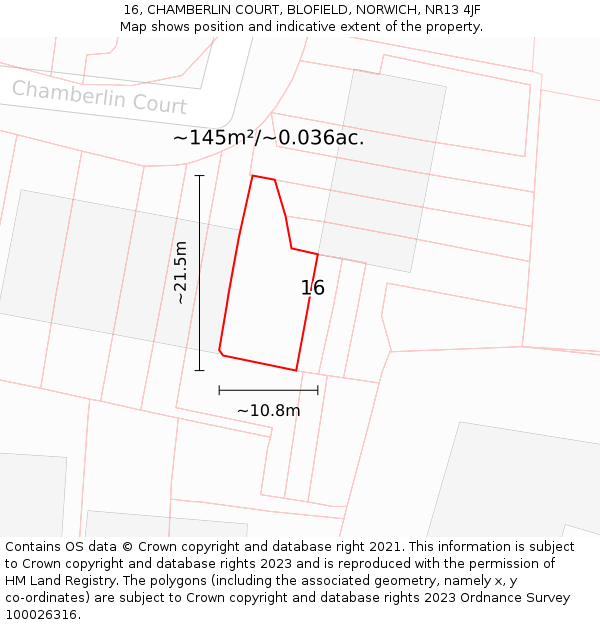 16, CHAMBERLIN COURT, BLOFIELD, NORWICH, NR13 4JF: Plot and title map