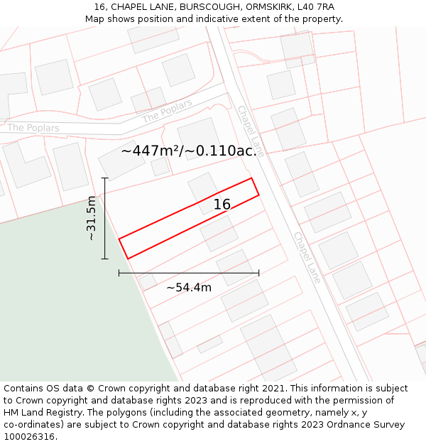 16, CHAPEL LANE, BURSCOUGH, ORMSKIRK, L40 7RA: Plot and title map