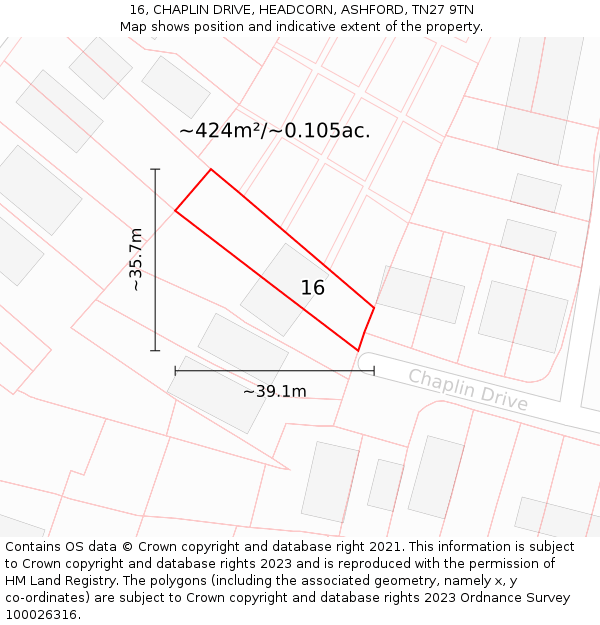 16, CHAPLIN DRIVE, HEADCORN, ASHFORD, TN27 9TN: Plot and title map