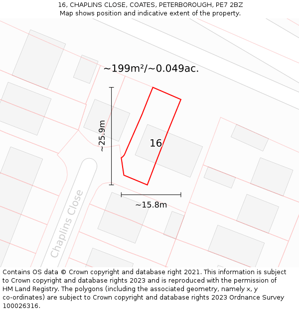 16, CHAPLINS CLOSE, COATES, PETERBOROUGH, PE7 2BZ: Plot and title map