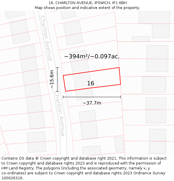 16, CHARLTON AVENUE, IPSWICH, IP1 6BH: Plot and title map