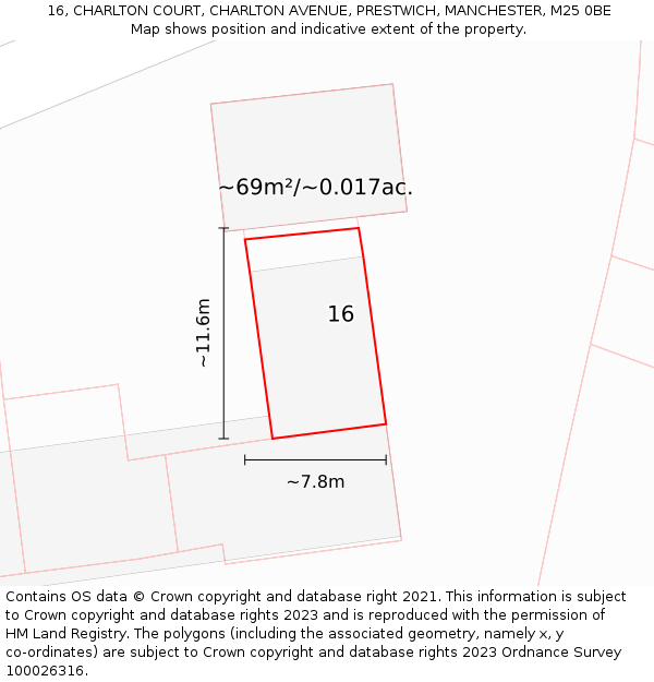 16, CHARLTON COURT, CHARLTON AVENUE, PRESTWICH, MANCHESTER, M25 0BE: Plot and title map