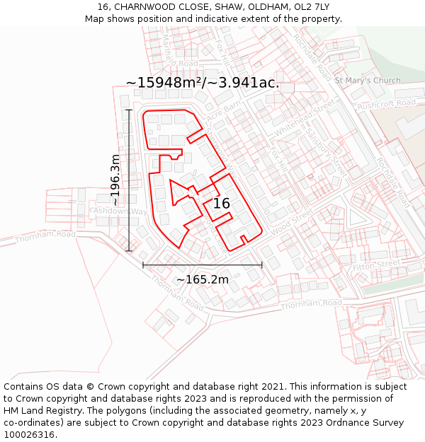 16, CHARNWOOD CLOSE, SHAW, OLDHAM, OL2 7LY: Plot and title map