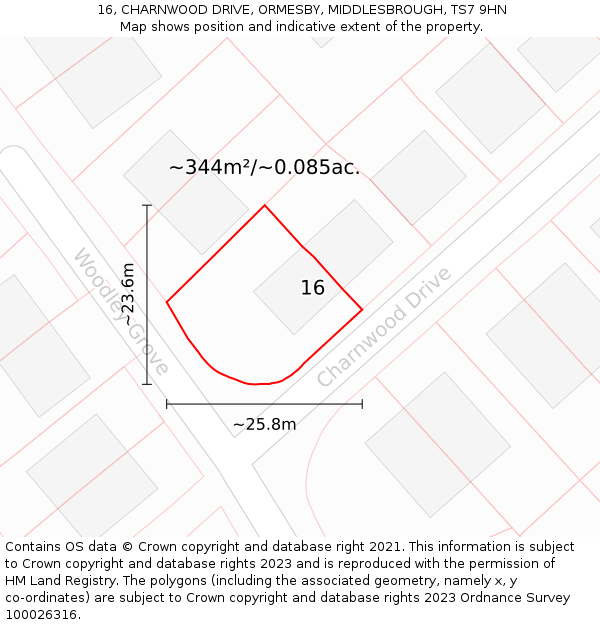 16, CHARNWOOD DRIVE, ORMESBY, MIDDLESBROUGH, TS7 9HN: Plot and title map