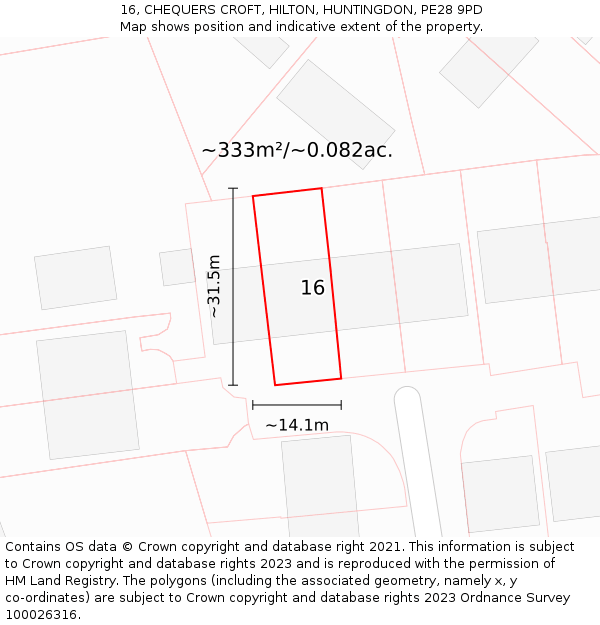 16, CHEQUERS CROFT, HILTON, HUNTINGDON, PE28 9PD: Plot and title map
