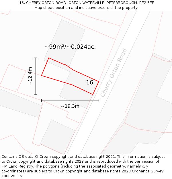 16, CHERRY ORTON ROAD, ORTON WATERVILLE, PETERBOROUGH, PE2 5EF: Plot and title map