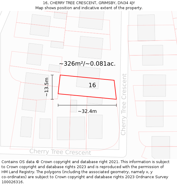 16, CHERRY TREE CRESCENT, GRIMSBY, DN34 4JY: Plot and title map