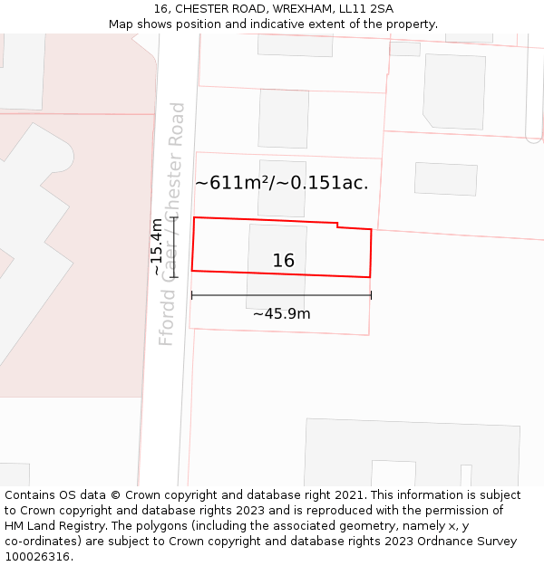 16, CHESTER ROAD, WREXHAM, LL11 2SA: Plot and title map